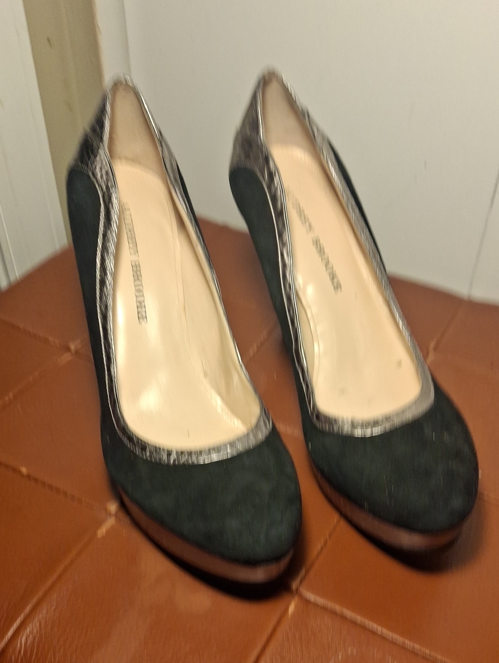 Audrey Brooke Black Suede Platform Pumps with Silver Trim